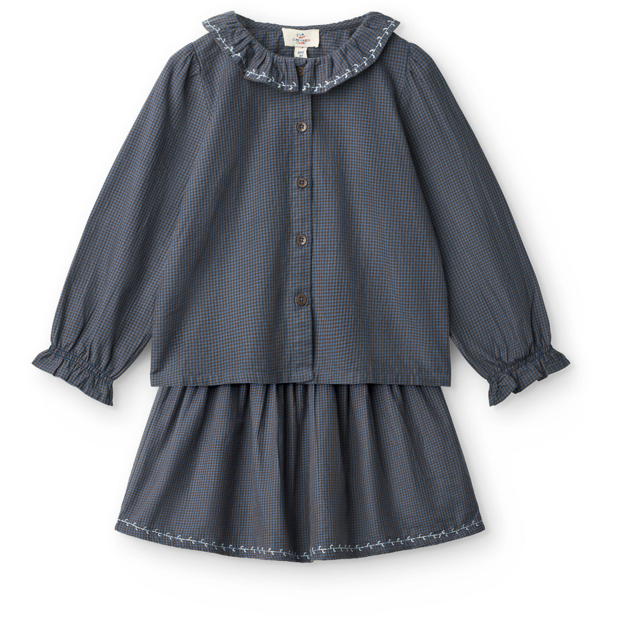 COPENHAGEN COLORS x Luksusbaby Brown Blue Check Comb. Checkered Ls Blouse And Skirt Set