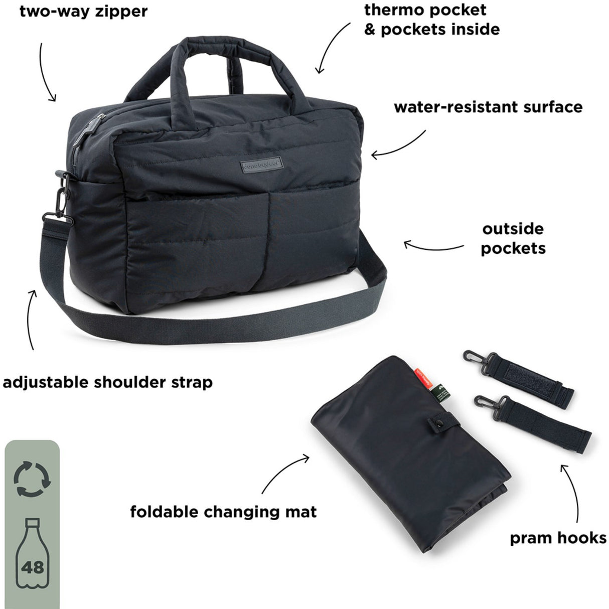 Doneby디어 블랙 퀼팅 기저귀 백