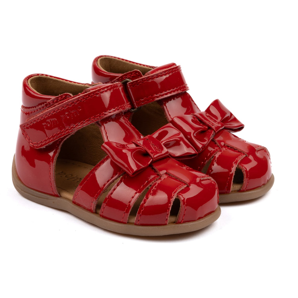 Pom Pom Red Patent Starters™ Bow Velcro Sandal