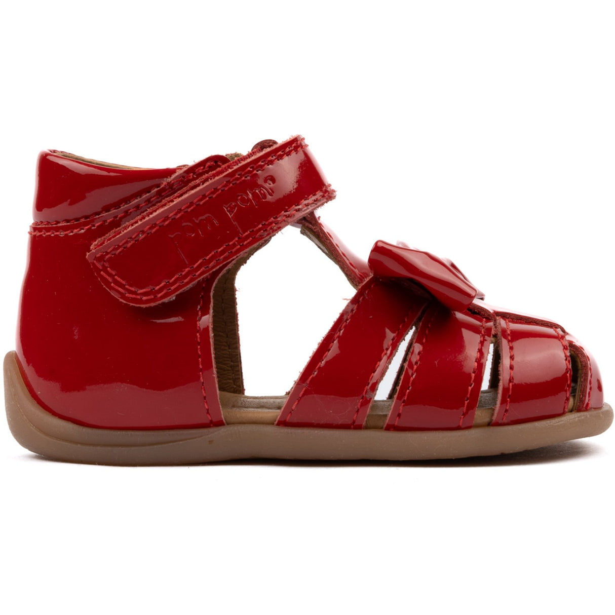 Pom Pom Red Patent Starters™ Bow Velcro Sandal