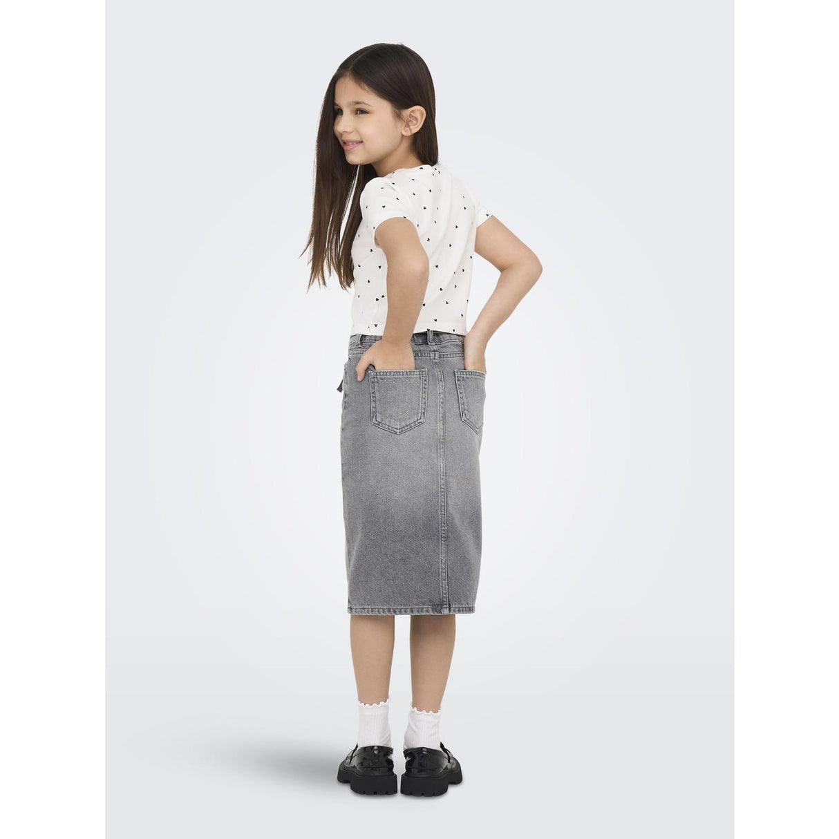 kids ONLY Medium Grey Denim Gianna Belted Midi Skirt Dot Denim
