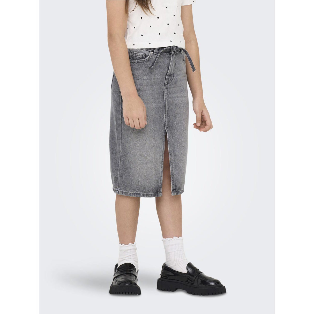 kids ONLY Medium Grey Denim Gianna Belted Midi Skirt Dot Denim