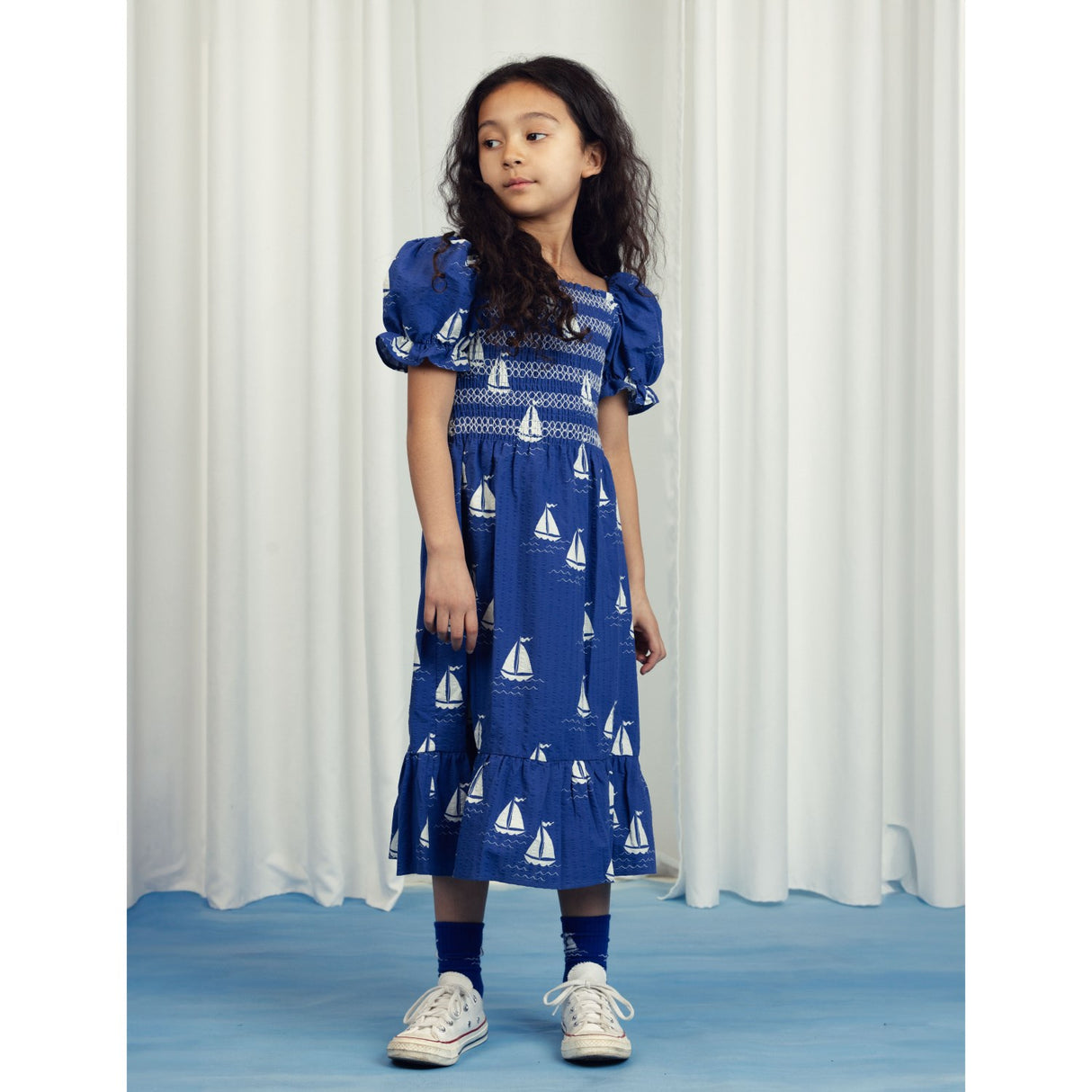 Mini Rodini Blue Sailing Boats AOP Woven Smock Dress