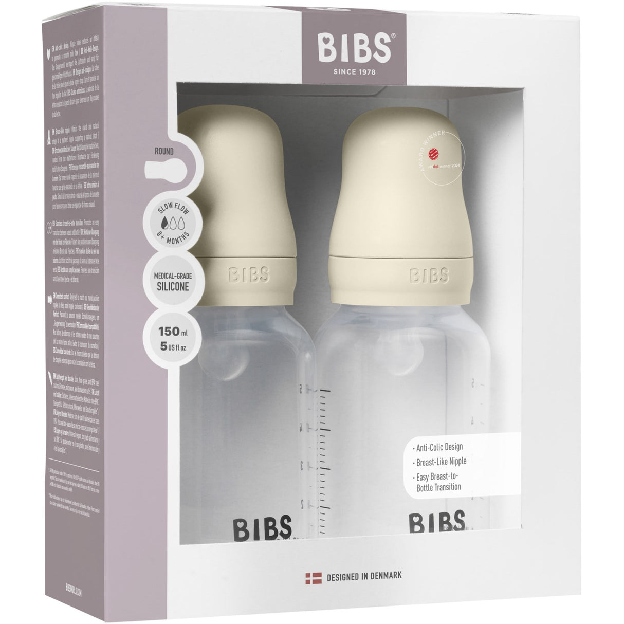 Bibs Ivory Bibs Baby Bottle Round Silicone 2 Pack 150 ml Slow Flow