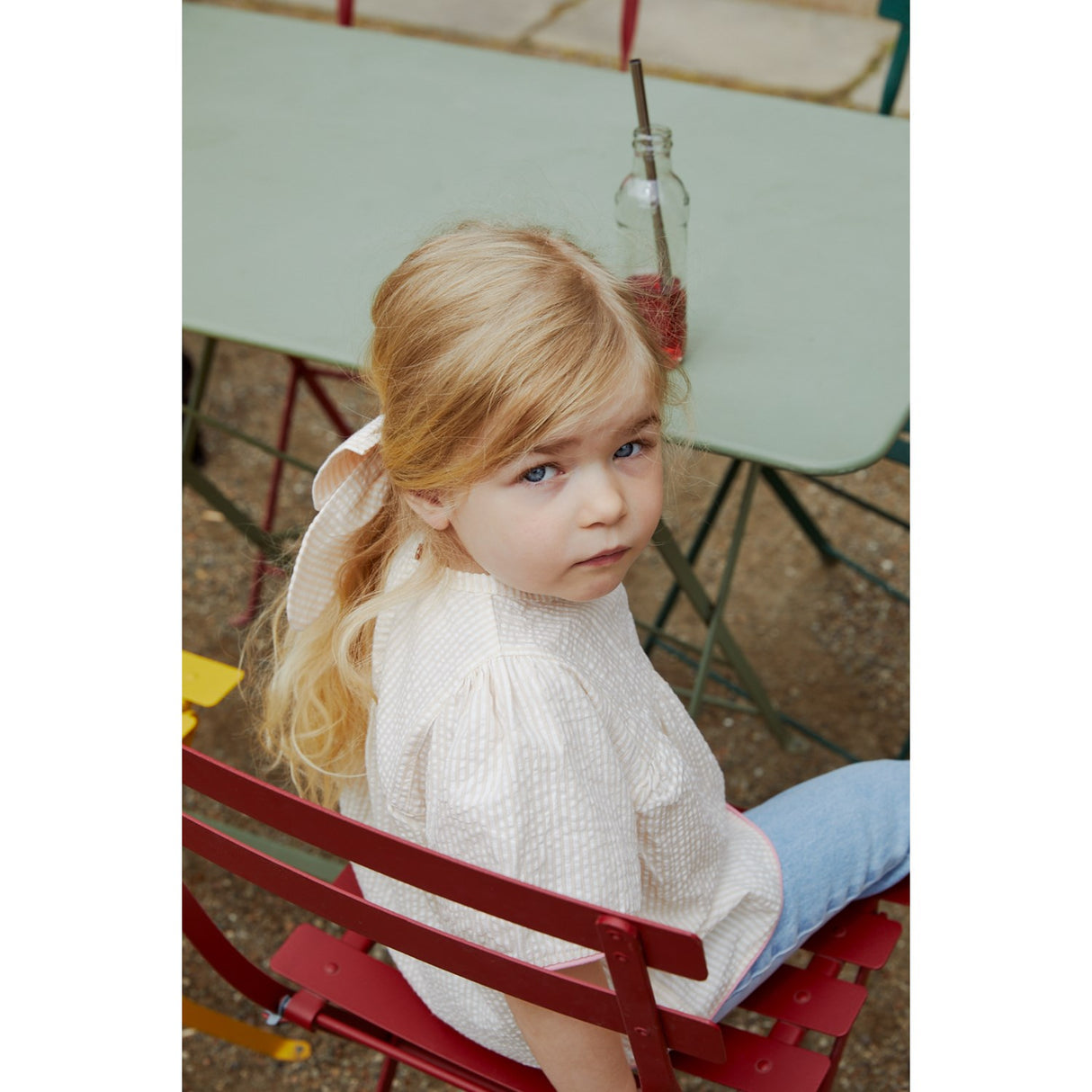 COPENHAGEN COLORS Dusty Rose W Cream Stripe W. Pink Seersucker Blouse W. Contrast Edge