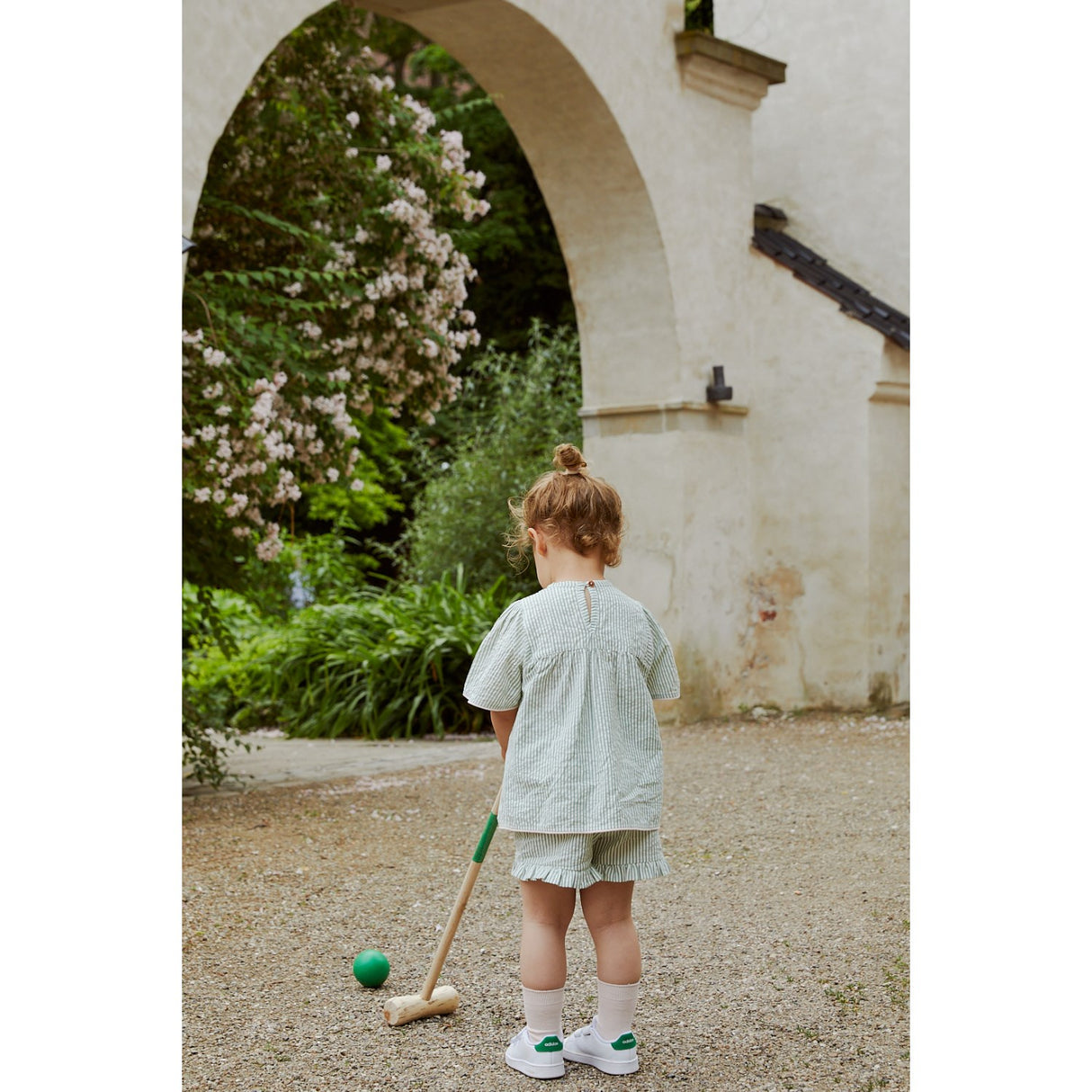 COPENHAGEN COLORS Green W Cream Stripe W. Dusty Rose Seersucker Blouse W. Contrast Edge