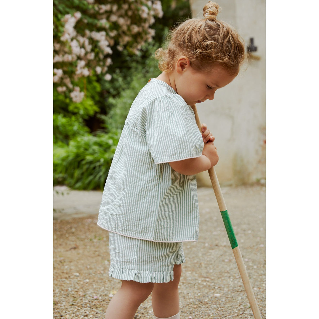 COPENHAGEN COLORS Green W Cream Stripe W. Dusty Rose Seersucker Blouse W. Contrast Edge