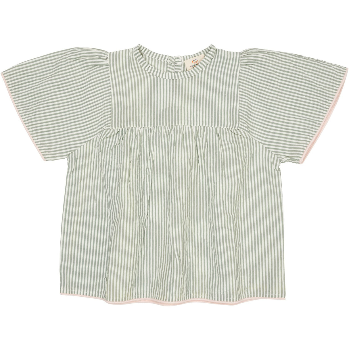 COPENHAGEN COLORS Green W Cream Stripe W. Dusty Rose Seersucker Blouse W. Contrast Edge