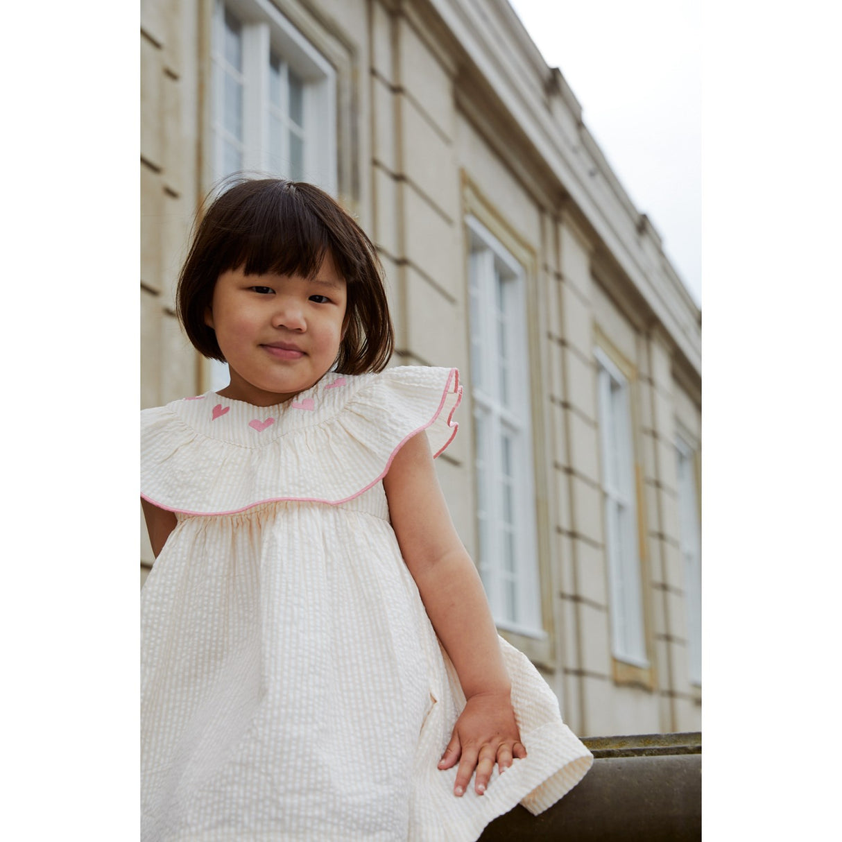 COPENHAGEN COLORS Dusty Rose W Cream Stripe W. Pink Seersucker Dress W. Heart