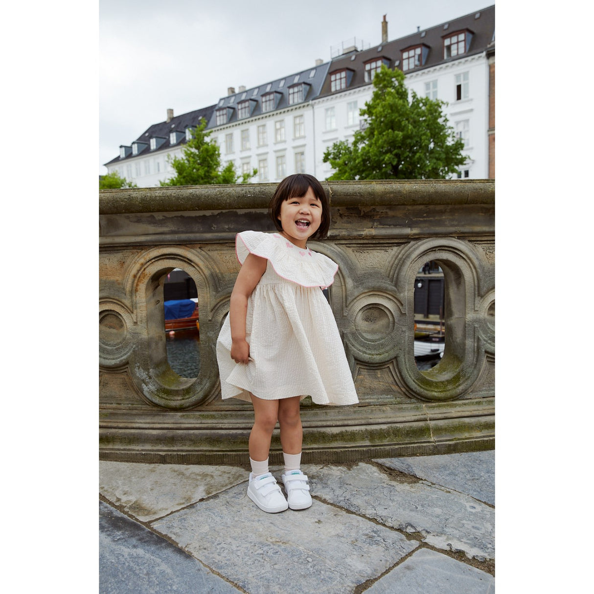 COPENHAGEN COLORS Dusty Rose W Cream Stripe W. Pink Seersucker Dress W. Heart