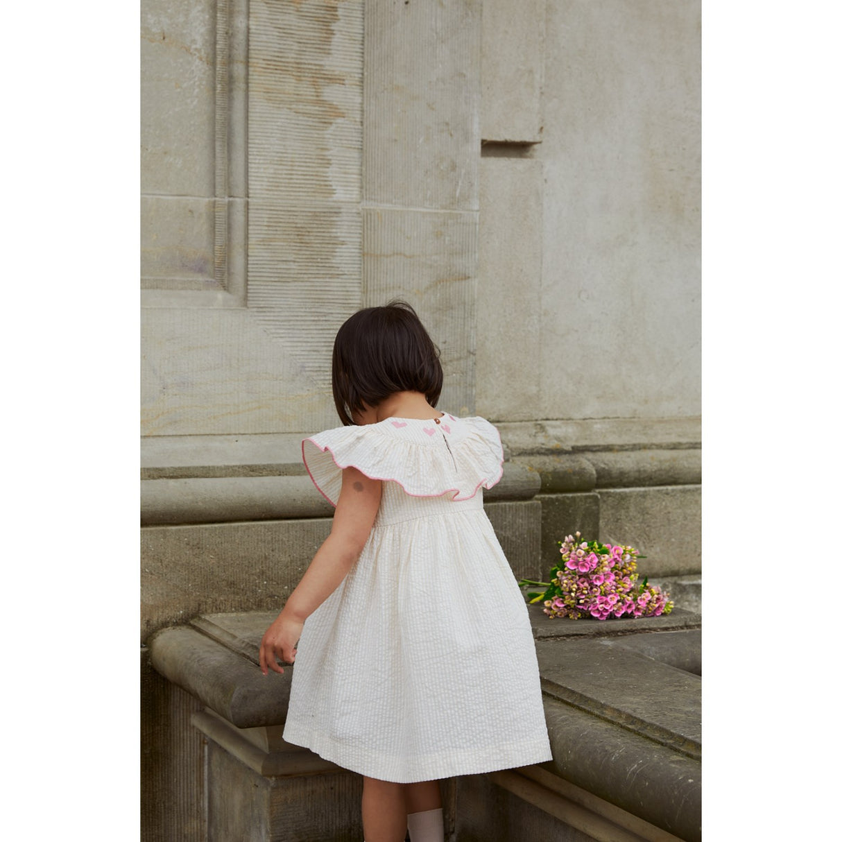 COPENHAGEN COLORS Dusty Rose W Cream Stripe W. Pink Seersucker Dress W. Heart