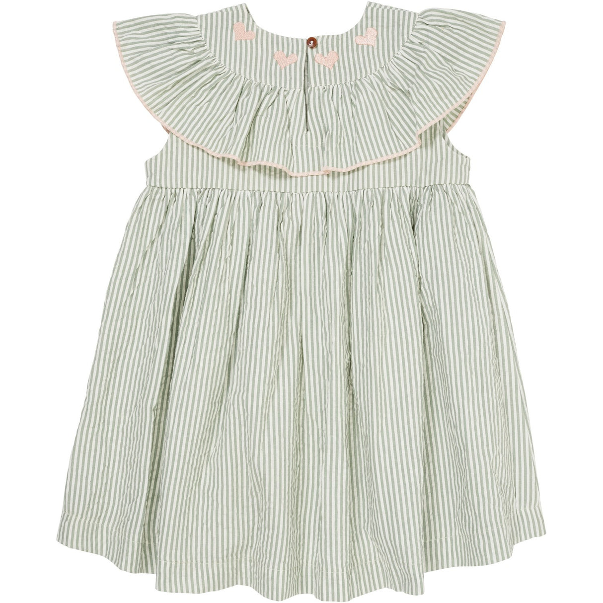 COPENHAGEN COLORS Green W Cream Stripe W. Dusty Rose Seersucker Dress W. Heart