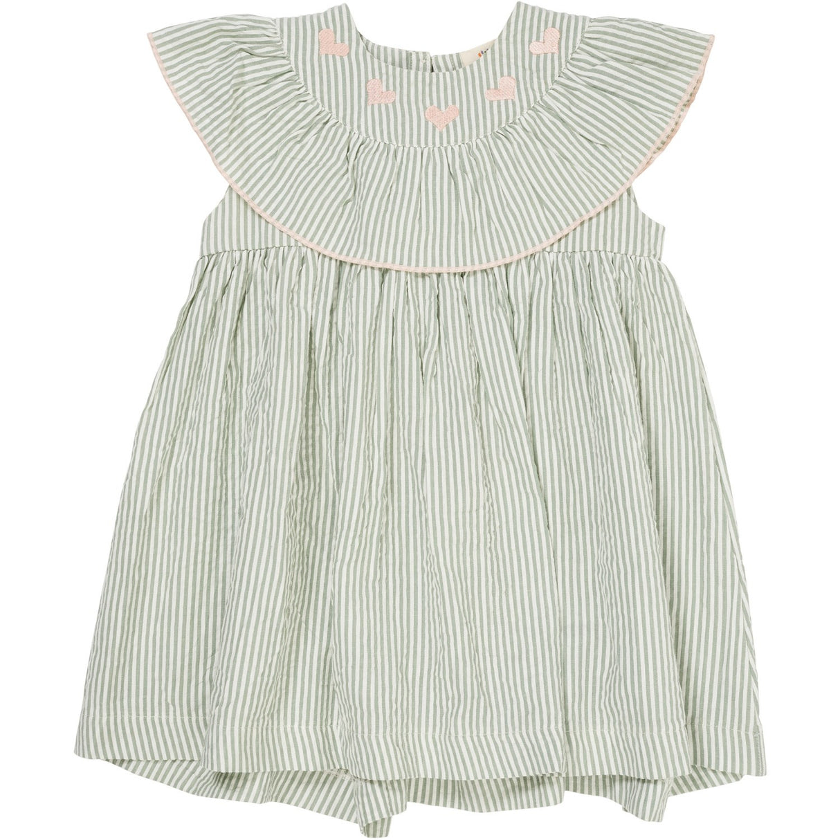 COPENHAGEN COLORS Green W Cream Stripe W. Dusty Rose Seersucker Dress W. Heart