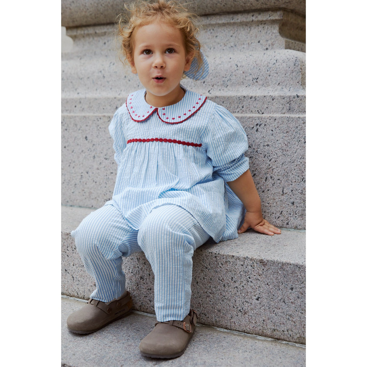 COPENHAGEN COLORS Sky Blue W Cream Stripe W. Berry Seersucker Ls Tunic W. Hearts