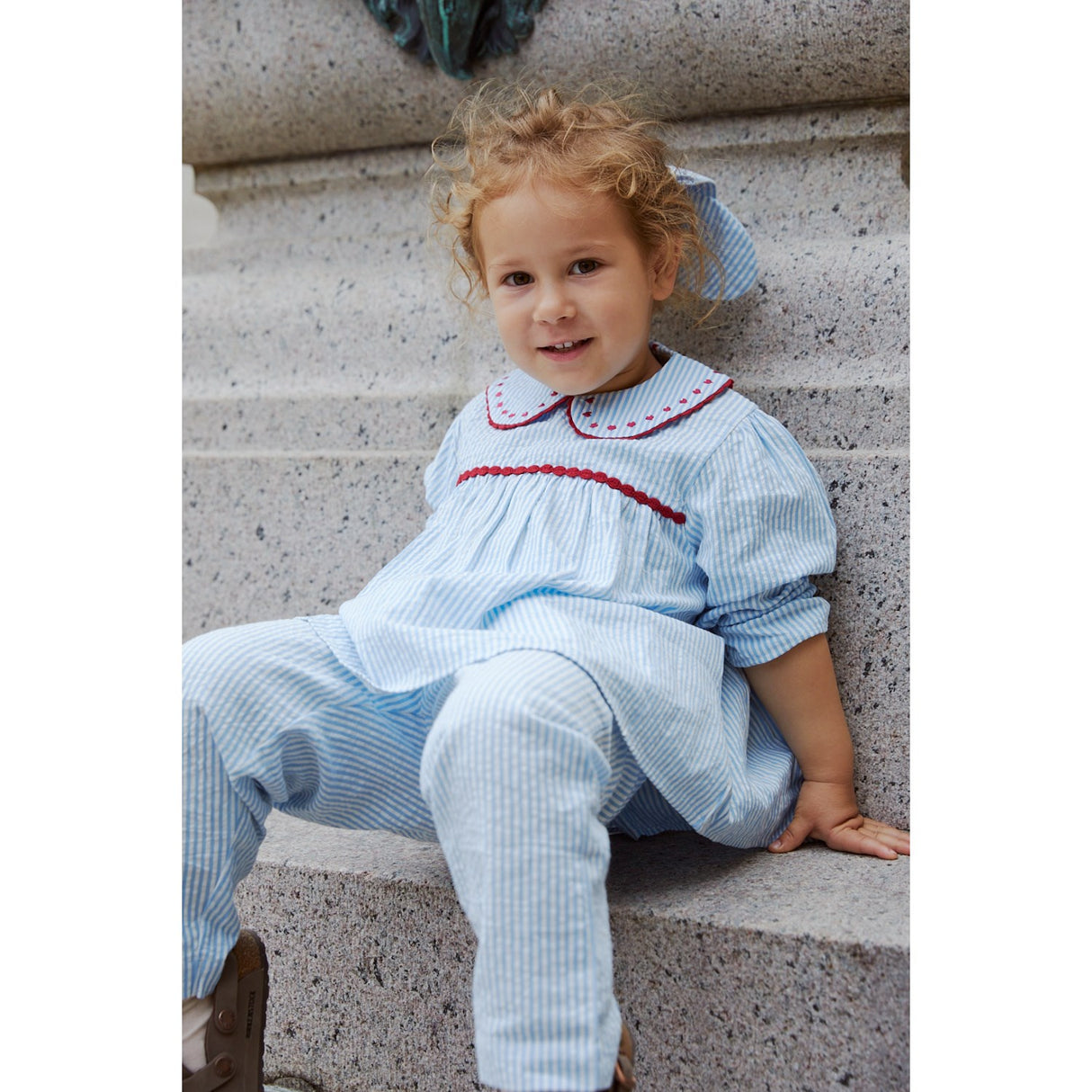 COPENHAGEN COLORS Sky Blue W Cream Stripe W. Berry Seersucker Ls Tunic W. Hearts