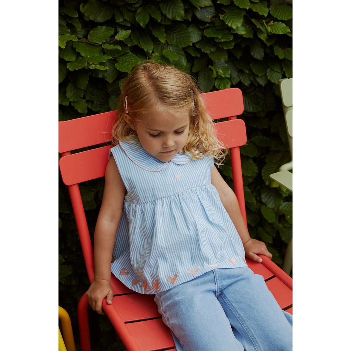 COPENHAGEN COLORS Sky Blue W Cream Stripe W. Soft Pink Seersucker Ss Blouse W. Hearts