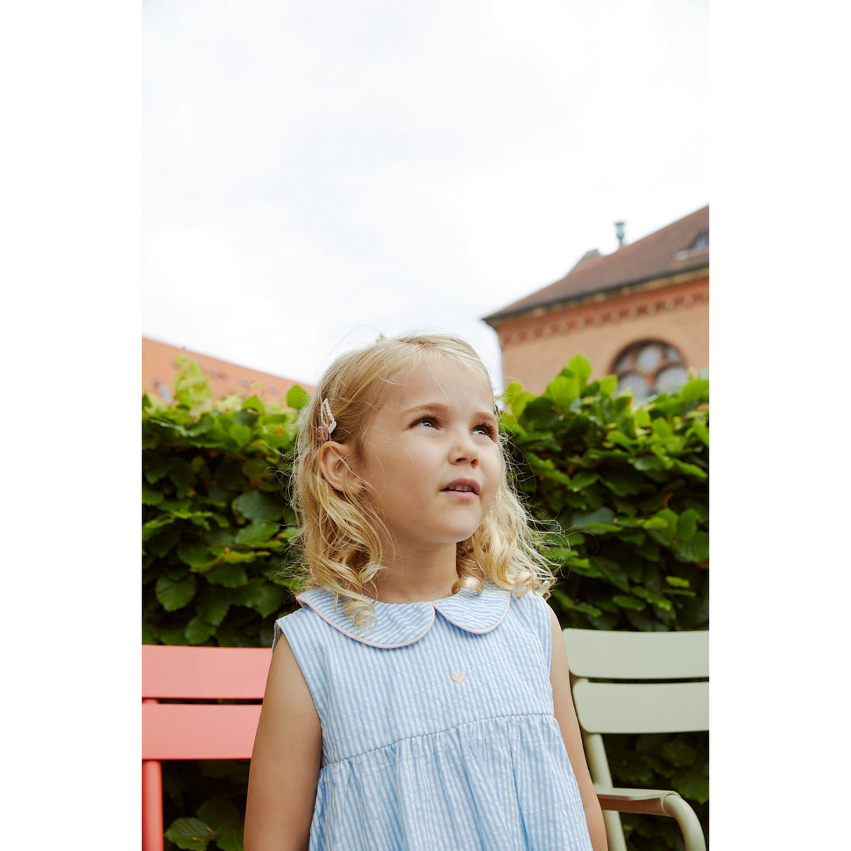 COPENHAGEN COLORS Sky Blue W Cream Stripe W. Soft Pink Seersucker Ss Blouse W. Hearts