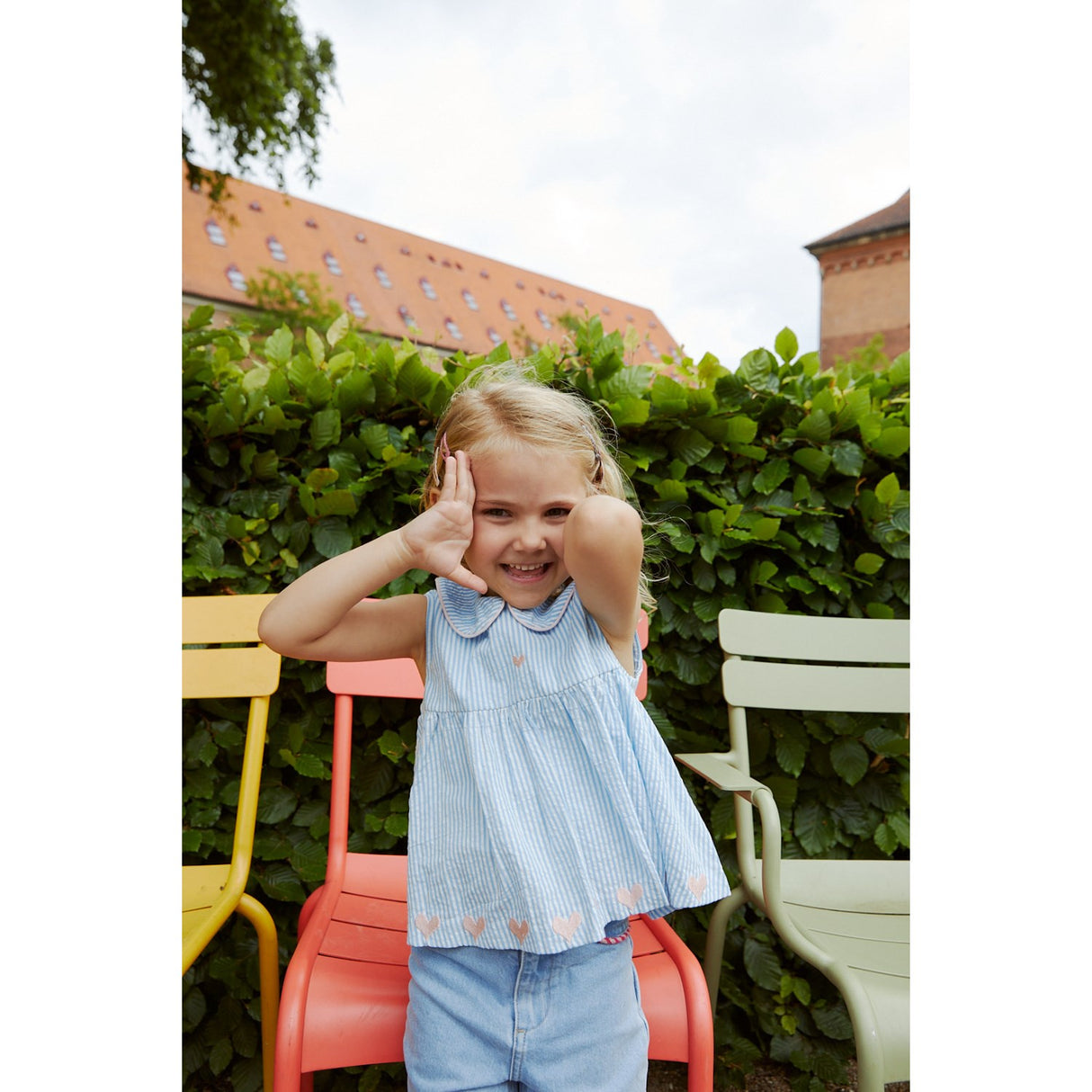 COPENHAGEN COLORS Sky Blue W Cream Stripe W. Soft Pink Seersucker Ss Blouse W. Hearts