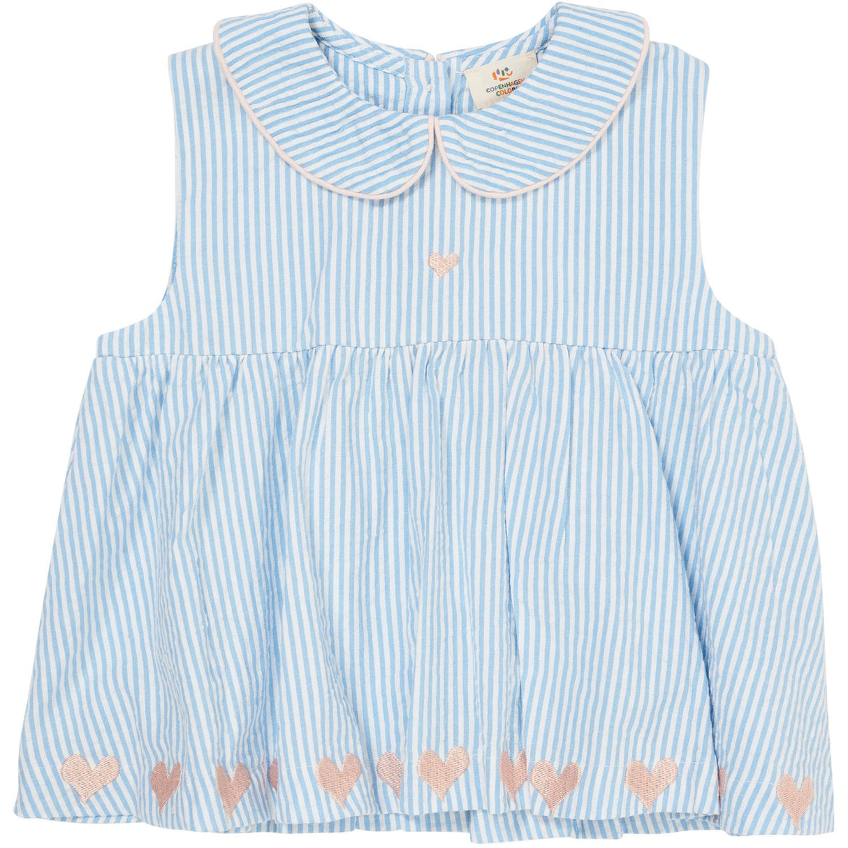 COPENHAGEN COLORS Sky Blue W Cream Stripe W. Soft Pink Seersucker Ss Blouse W. Hearts