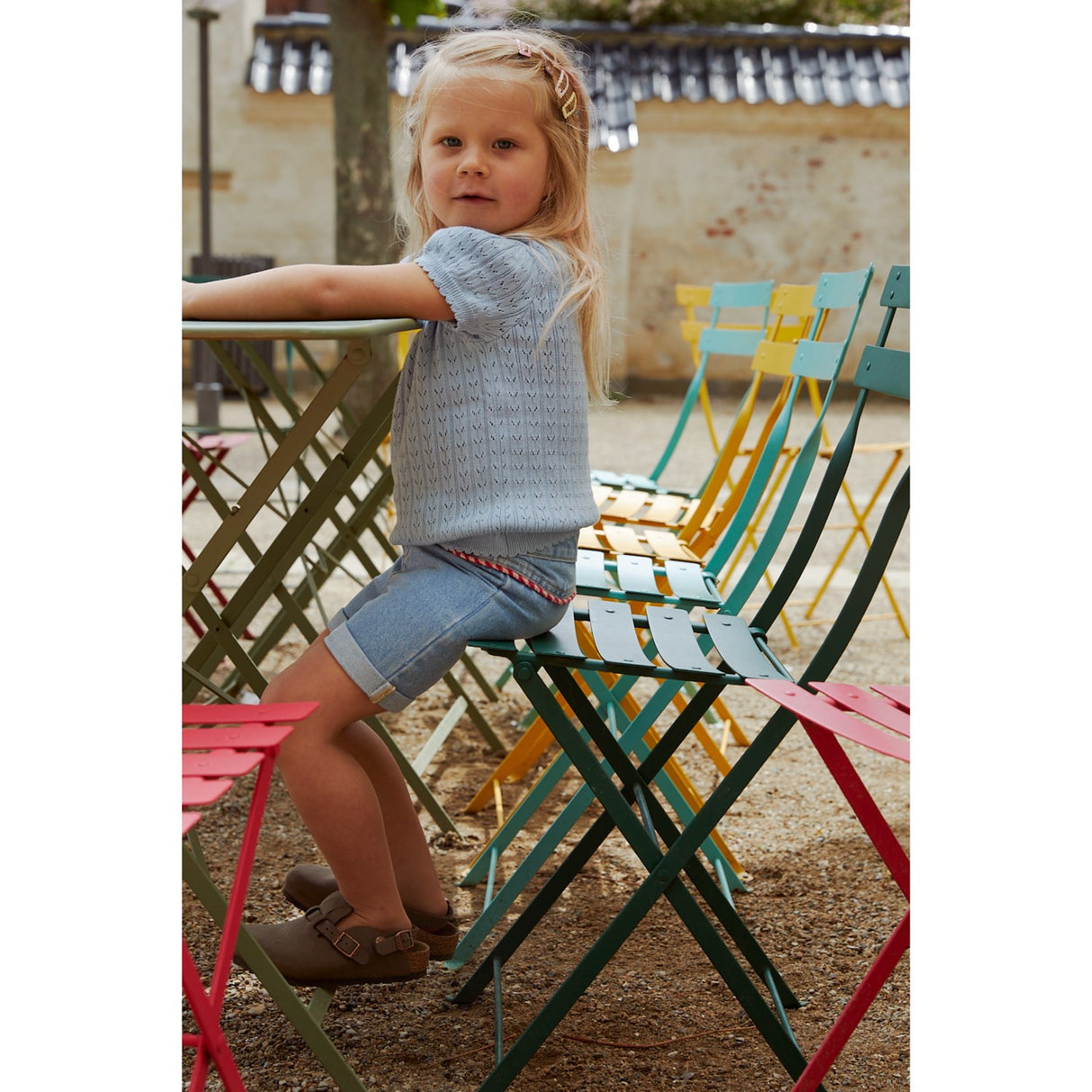 COPENHAGEN COLORS Dusty Blue Knitted Pointelle Blouse