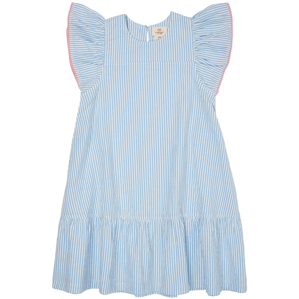 COPENHAGEN COLORS Sky Blue W Cream Stripe W. Pink Seersucker Dress W. Frill Sleeves