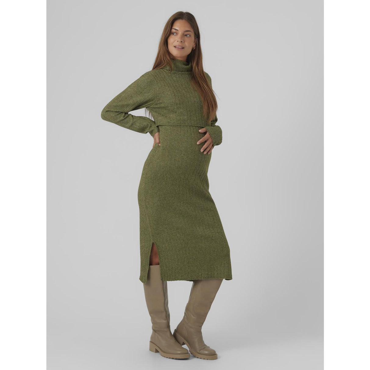Mama;licious Winter Moss Melange Mlsuniva June Ls Knit Midi Dress 2F Noos