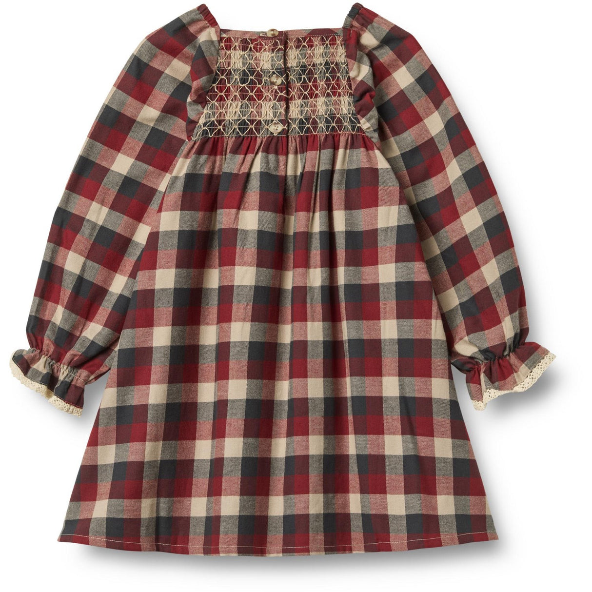 Wheat Red Blue Check Dress L/S Lace Bella