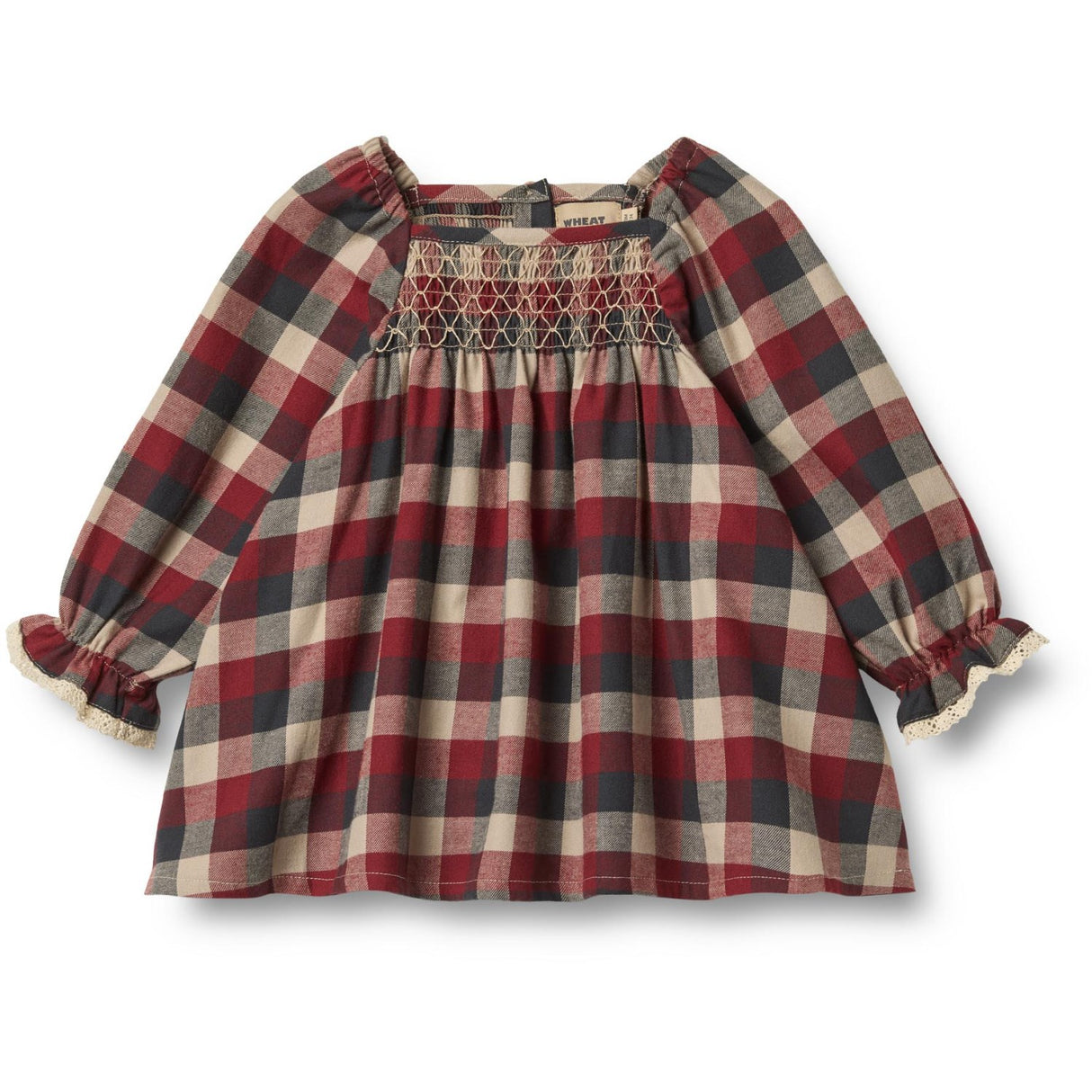 Wheat Red Blue Check Dress L/S Lace Bella