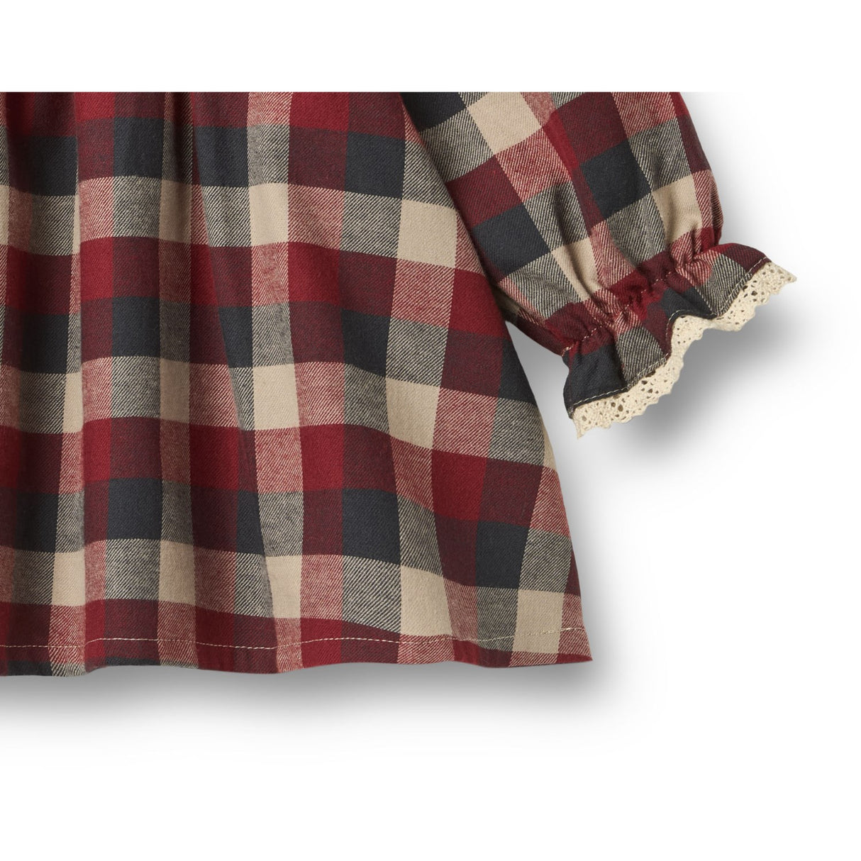 Wheat Red Blue Check Dress L/S Lace Bella