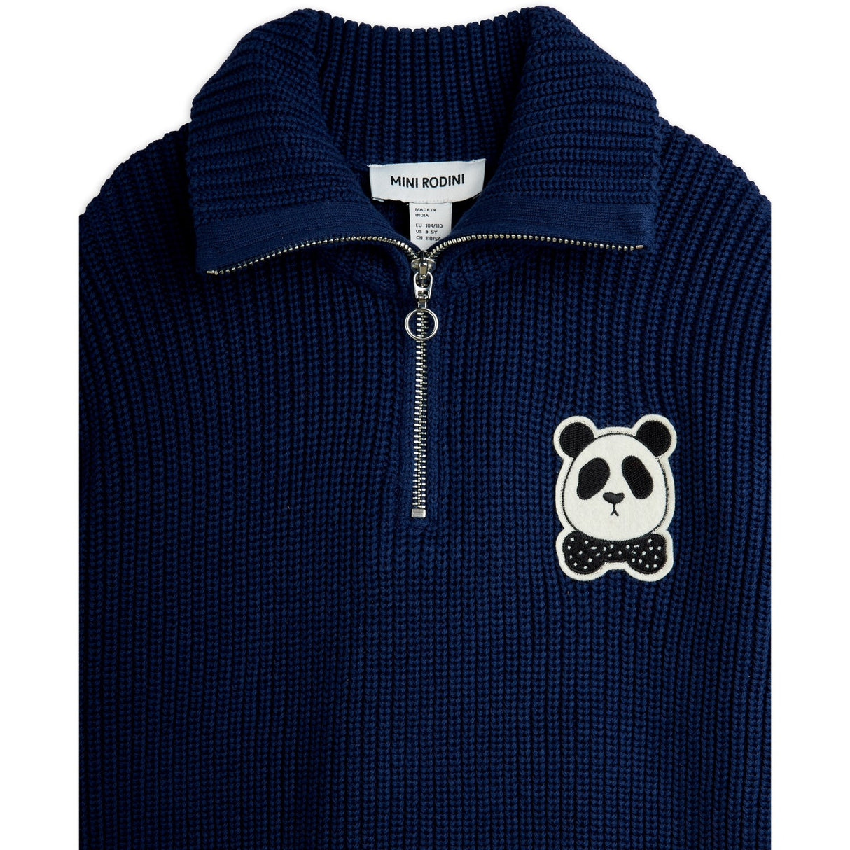 Mini Rodini Blue Panda Patch Chunky Knit Half Zip Sweater