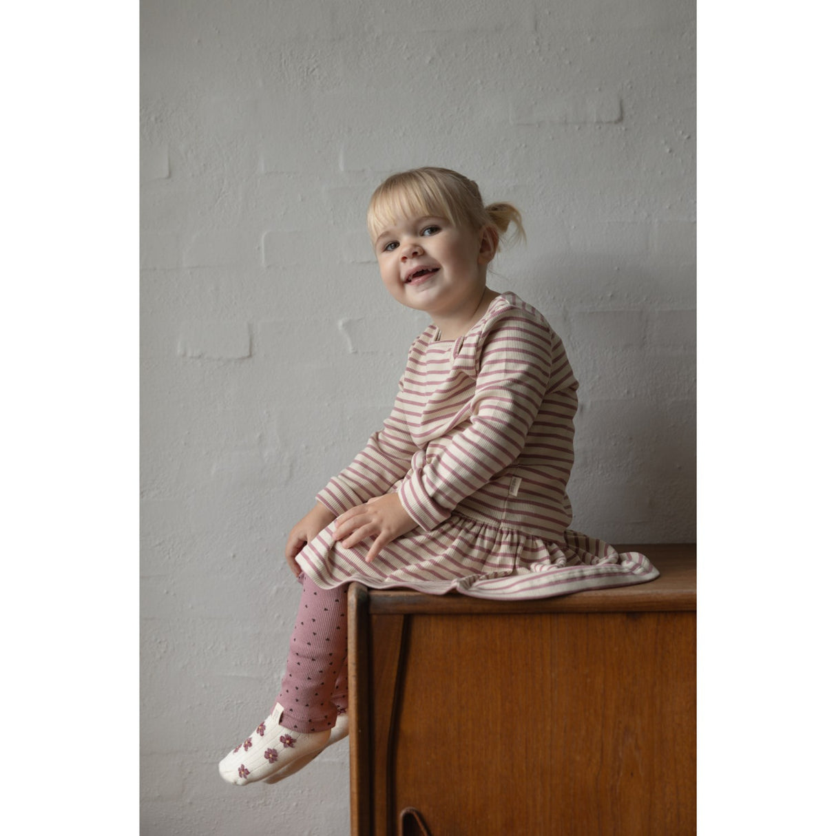 Petit Piao Nostalgic Rose/off White Dress L/S Modal Striped