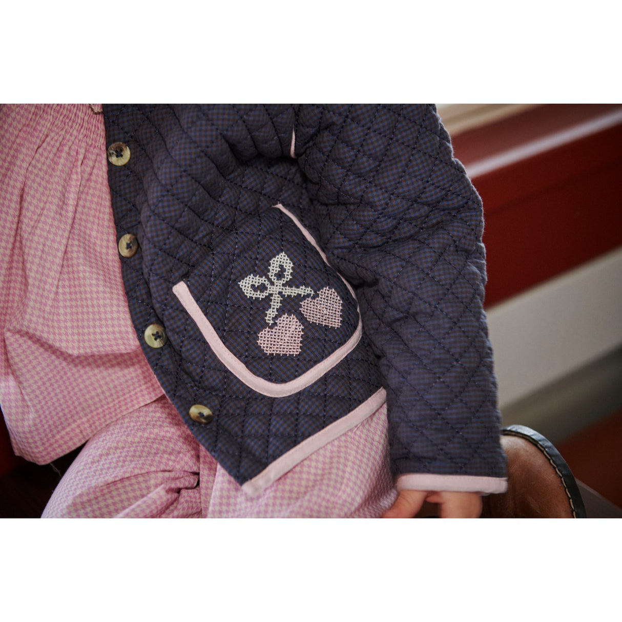 COPENHAGEN COLORS Brown/Blue Check Comb. Checkered Quilted Jacket W. Embroidery