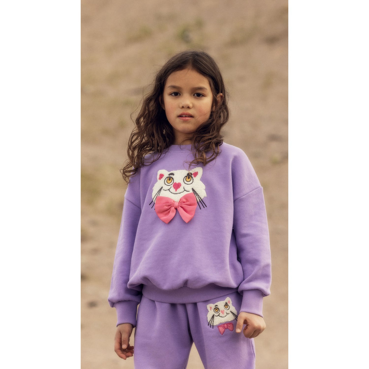 Mini Rodini Purple Cat With Bowtie Chenille Sweatshirt