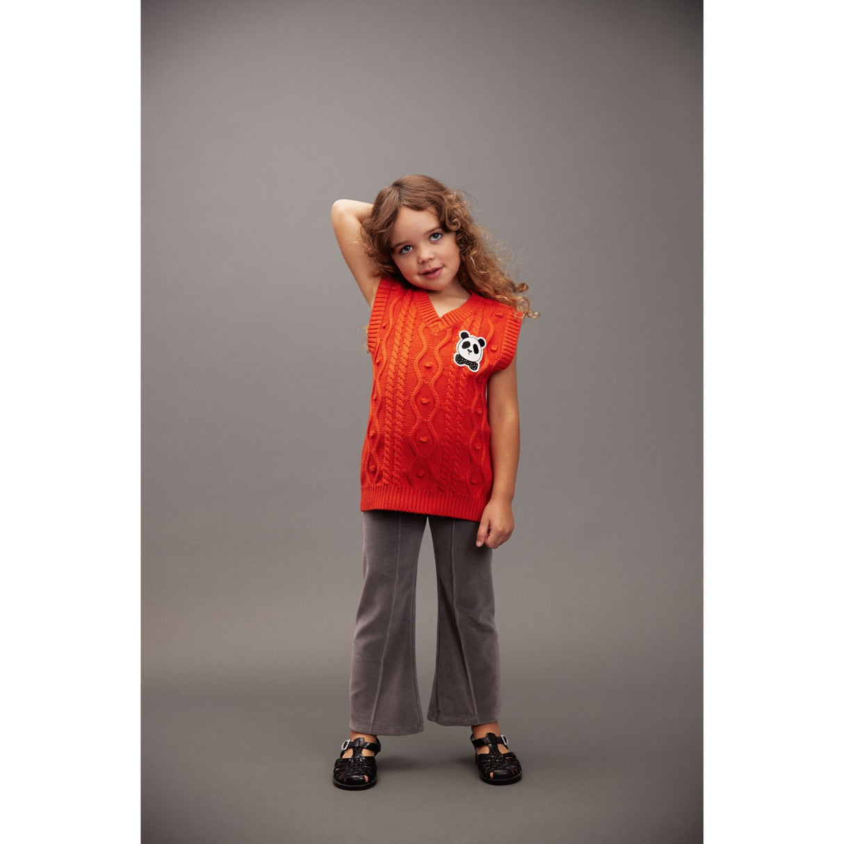 Mini Rodini Red Panda Patch Cable Knit V-Neck Slipover