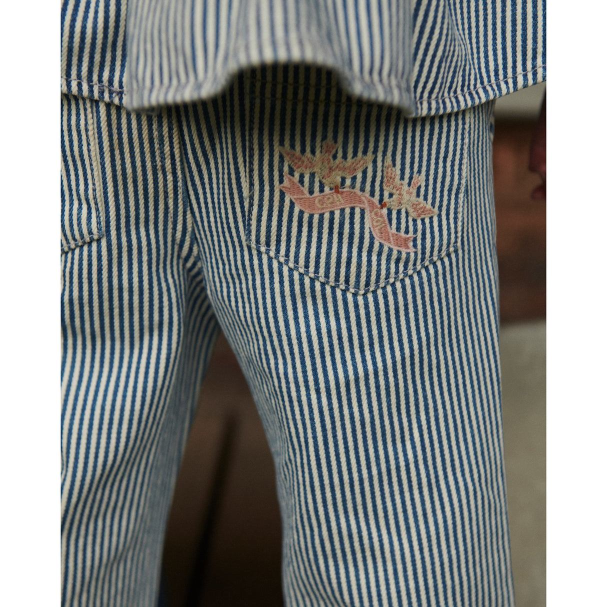 COPENHAGEN COLORS Denim Blue Stripe Y/D Twill Pant W. Wide Leg And Embroidery