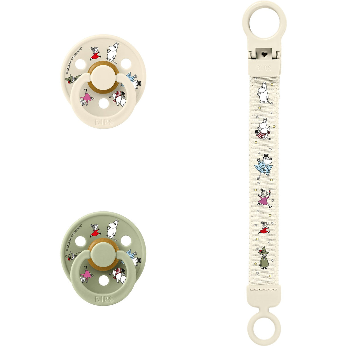 Bibs X Moomin Ivory/sage Colour Pacifier & Loop Clip Gift Set Latex
