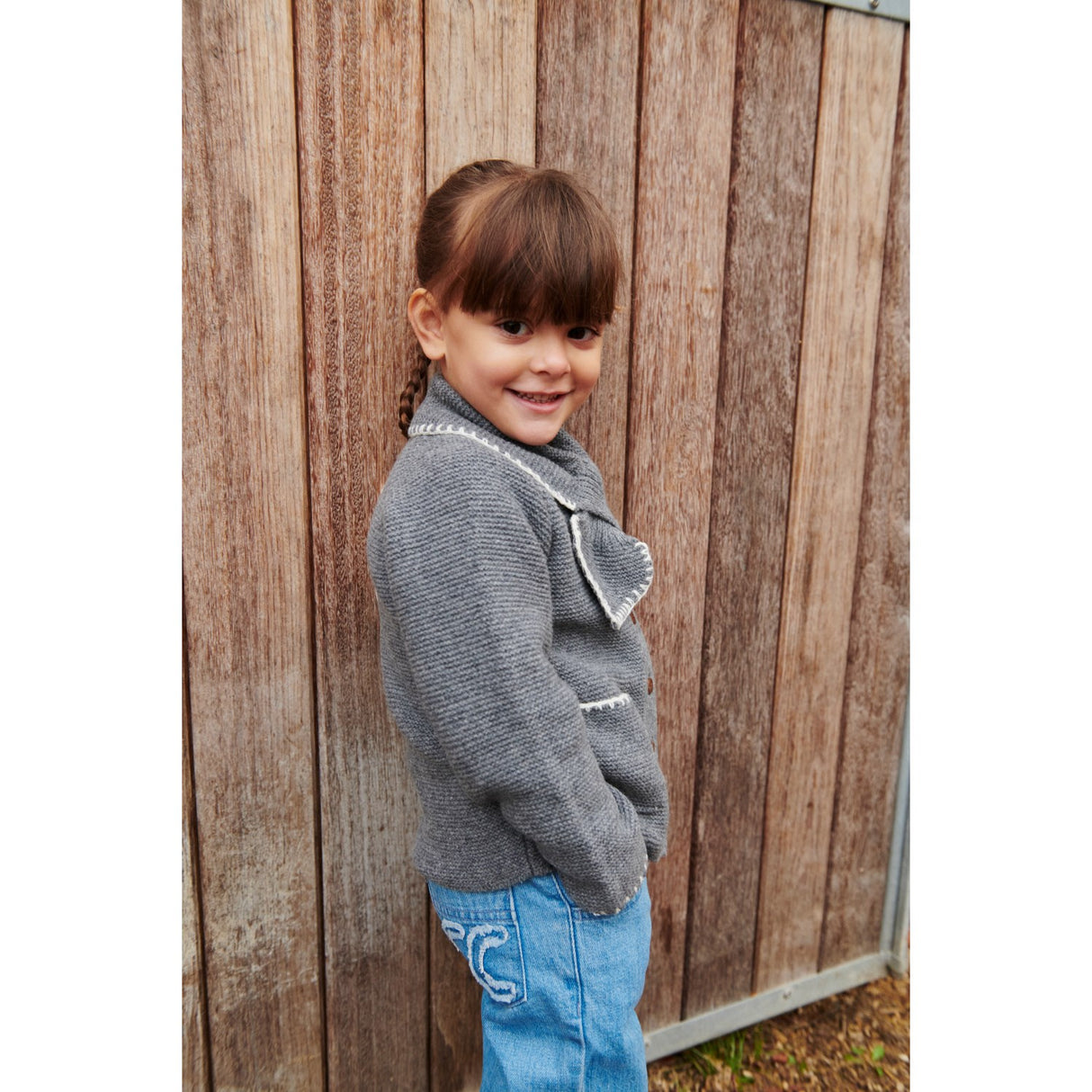 COPENHAGEN COLORS Dk Grey/Cream Comb. Lambswool Cardigan W. Collar