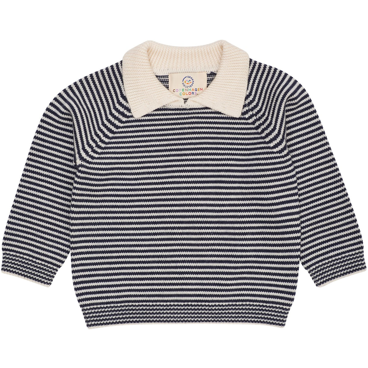 COPENHAGEN COLORS Cream/Navy Stripe Merino Striped Blouse W. Collar