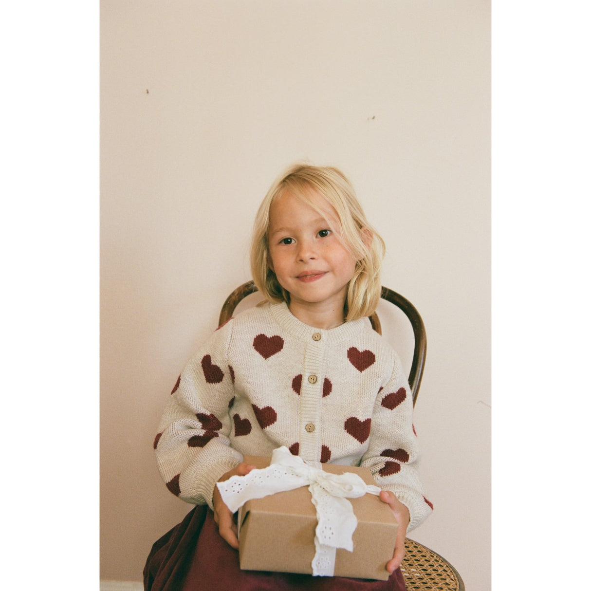 Wheat Offwhite Melange Jacquard Cardigan Hearts