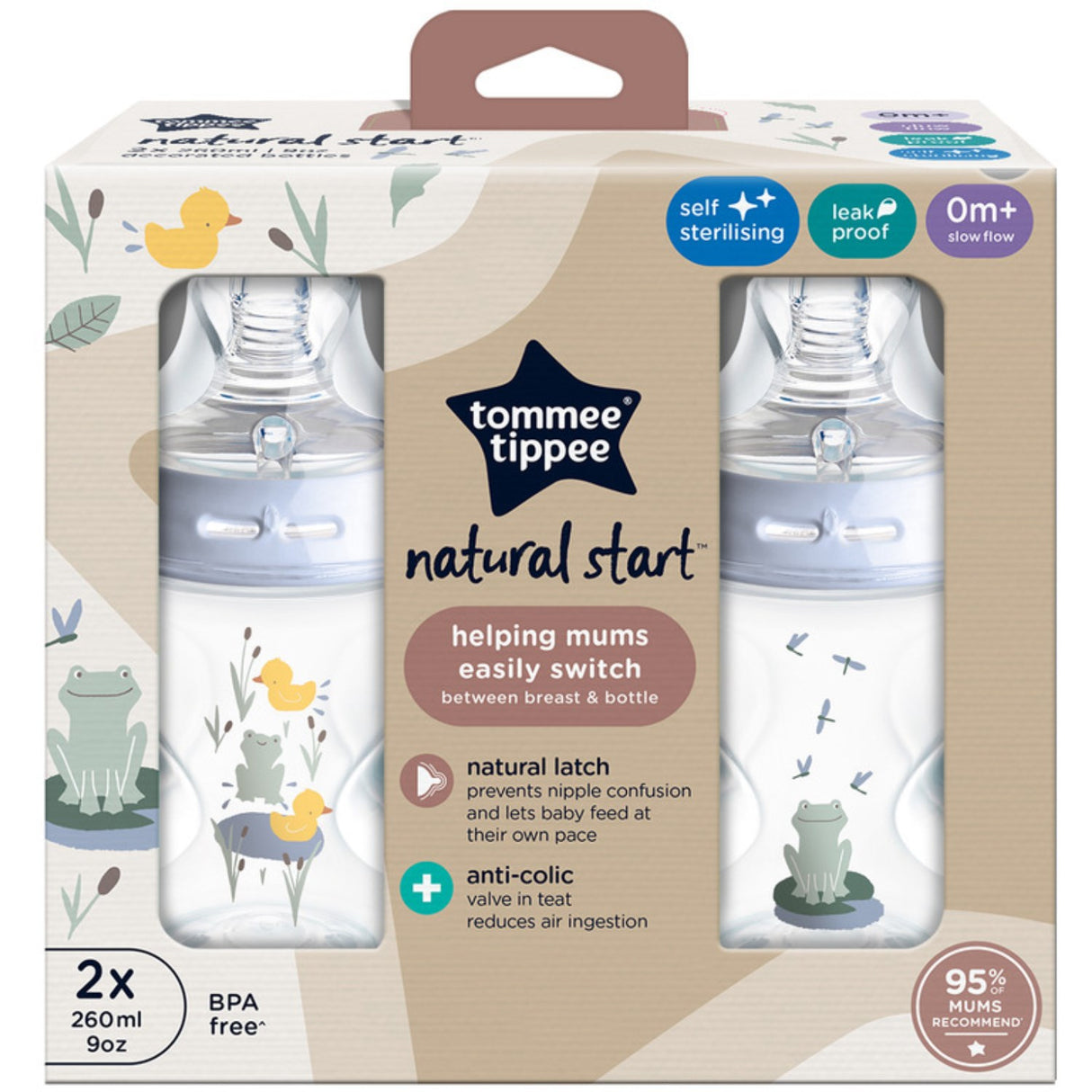 Tommee Tippee Natural Start Baby Bottle 2 X 260 Ml - Deco Blue