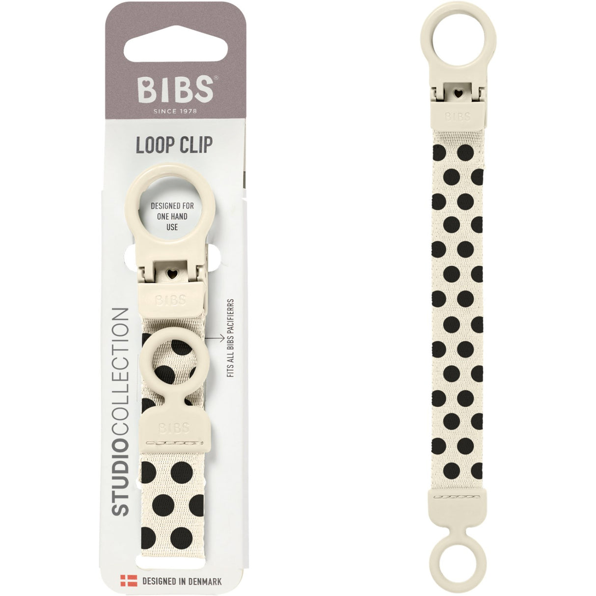 Bibs Ivory Black Studio Pacifier Clip Loop Polka Ivory Black