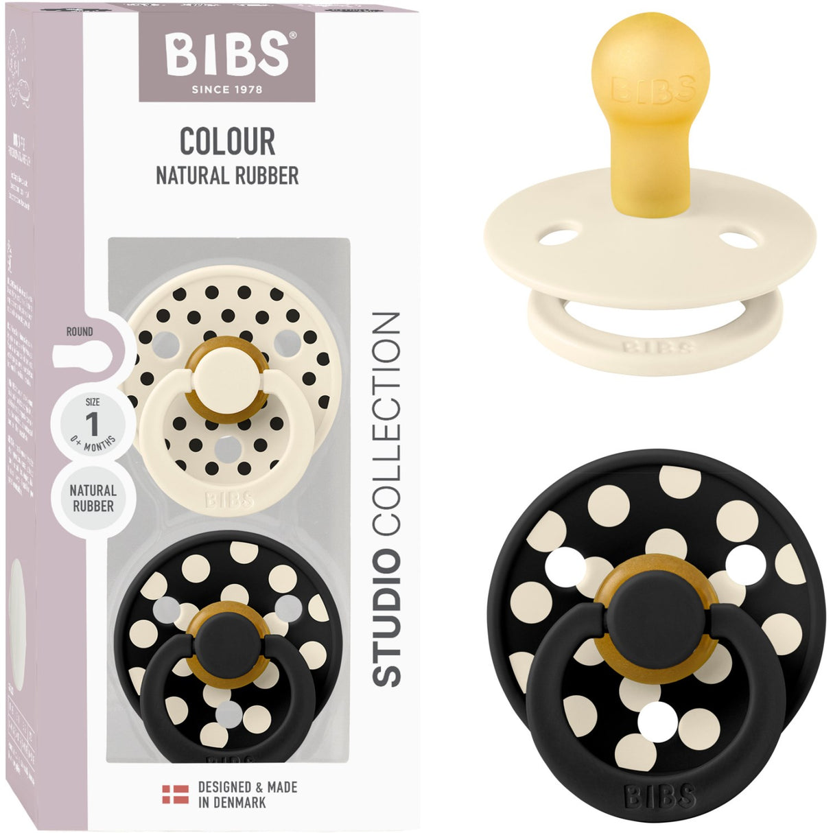 Bibs Ivory/Black Pacifier Studio Colour 2-Pack Polka Latex