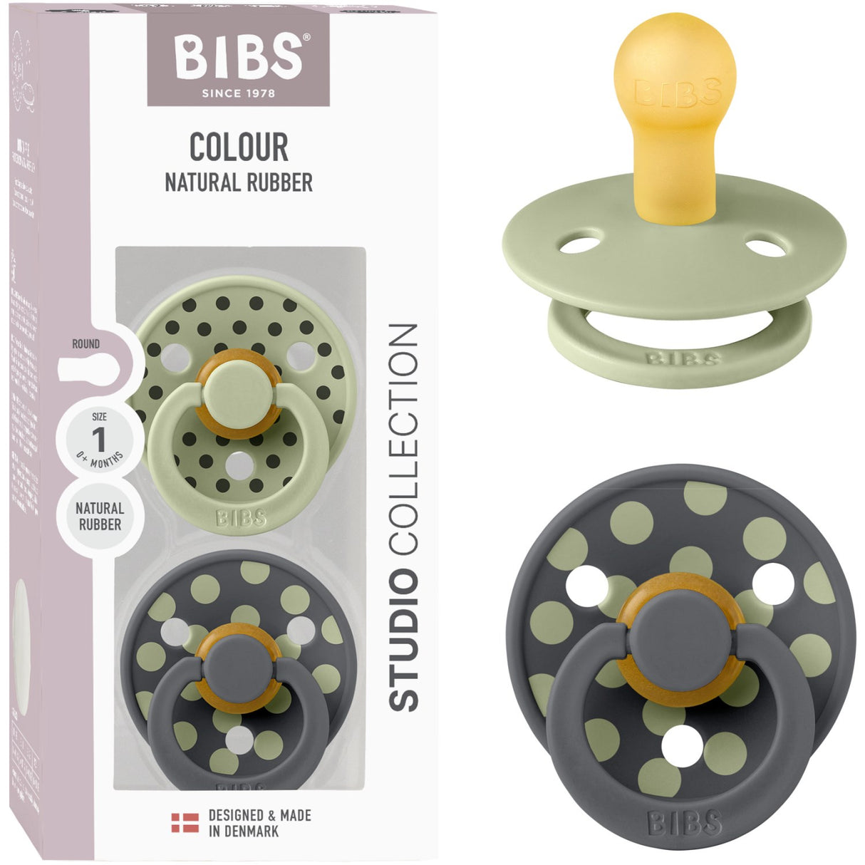 Bibs Sage/Iron Pacifier Studio Colour 2-Pack Polka Latex