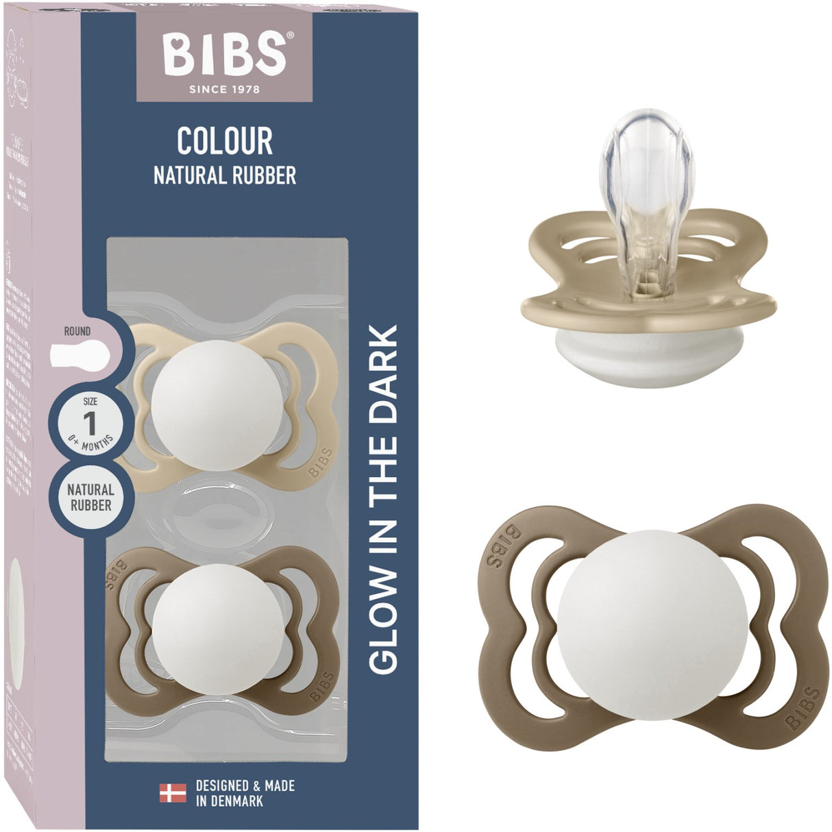 Bibs Vanilla Glow/Dark Oak Glow Pacifier Supreme 2-Pack Silicone