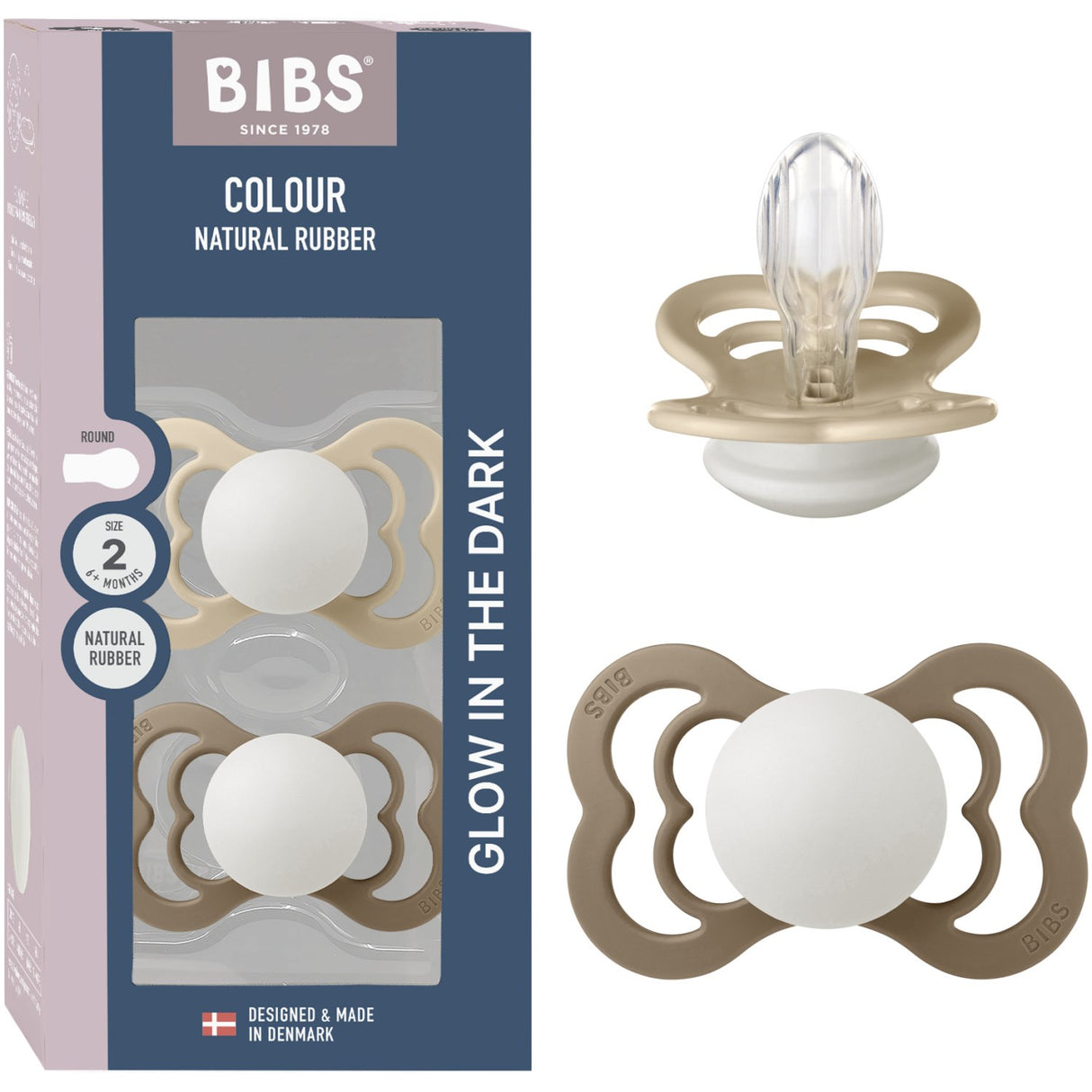 Bibs Vanilla Glow/Dark Oak Glow Pacifier Supreme 2-Pack Silicone