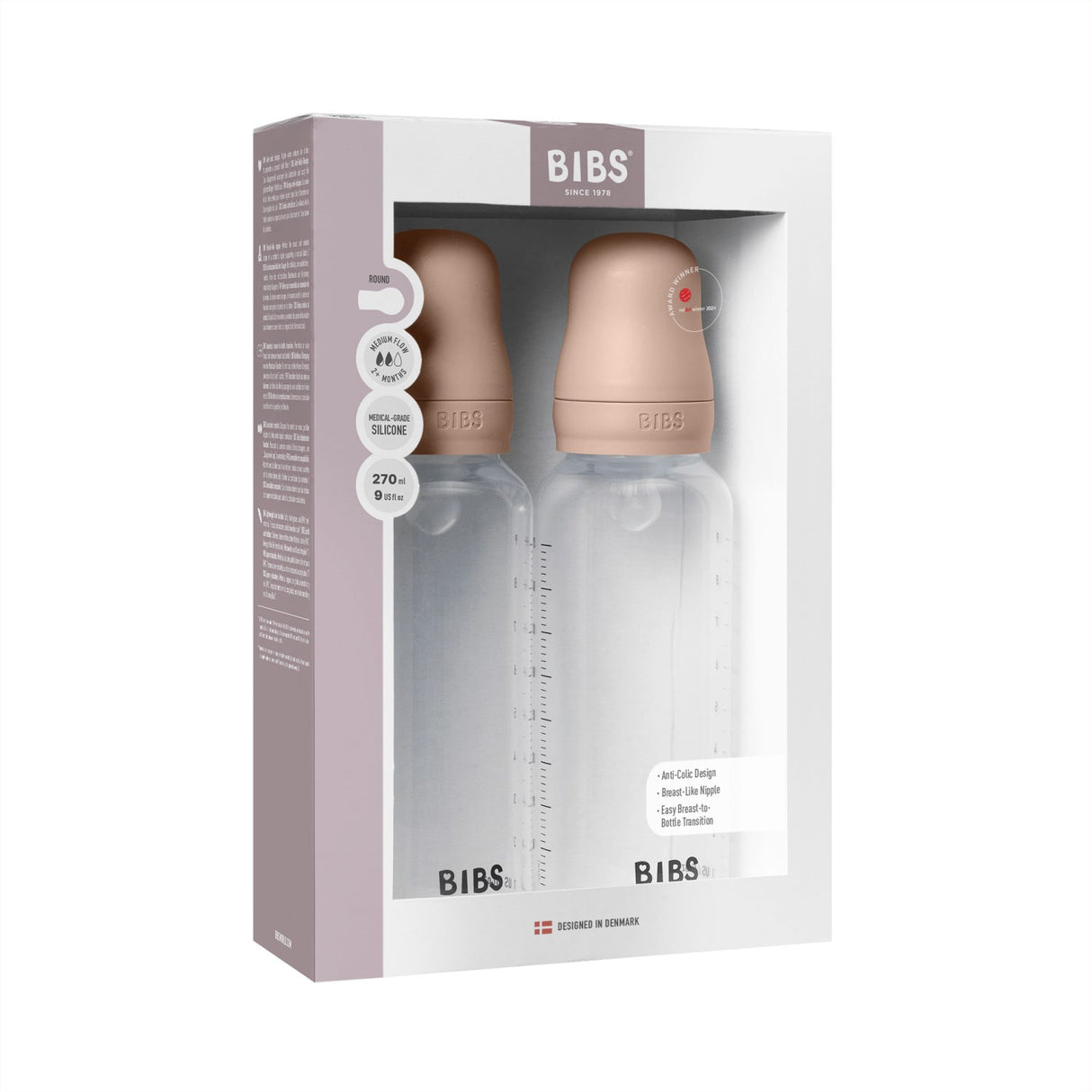 Bibs Blush Baby Bottle Round Silicone 2-Pack 270 Ml Medium Flow