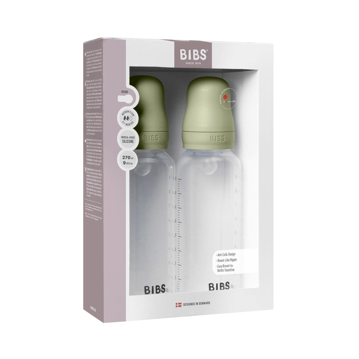 Bibs Sage Baby Bottle Round Silicone 2-Pack 270 Ml Medium Flow