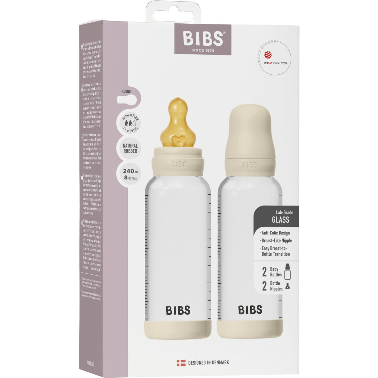 Bibs Ivory Glass Baby Bottle Round Latex 2-Pack 240 Ml Medium Flow