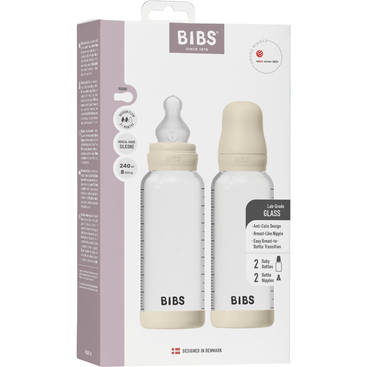 Bibs Ivory Glass Baby Bottle Round Silicone 2-Pack 240 Ml Medium Flow