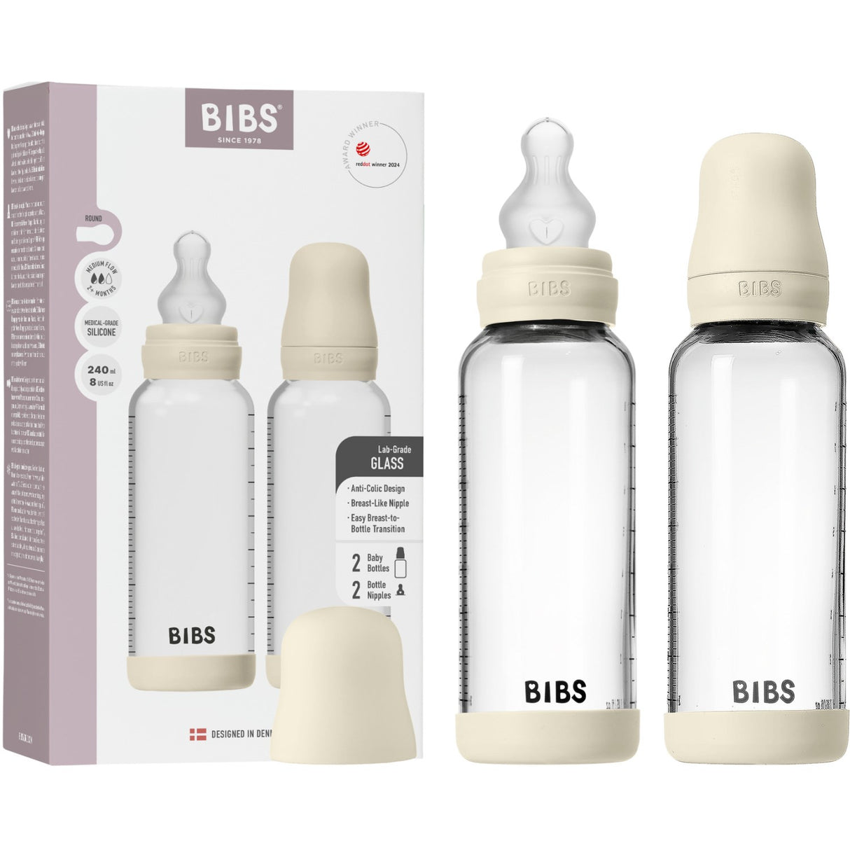 Bibs Ivory Glass Baby Bottle Round Silicone 2-Pack 240 Ml Medium Flow